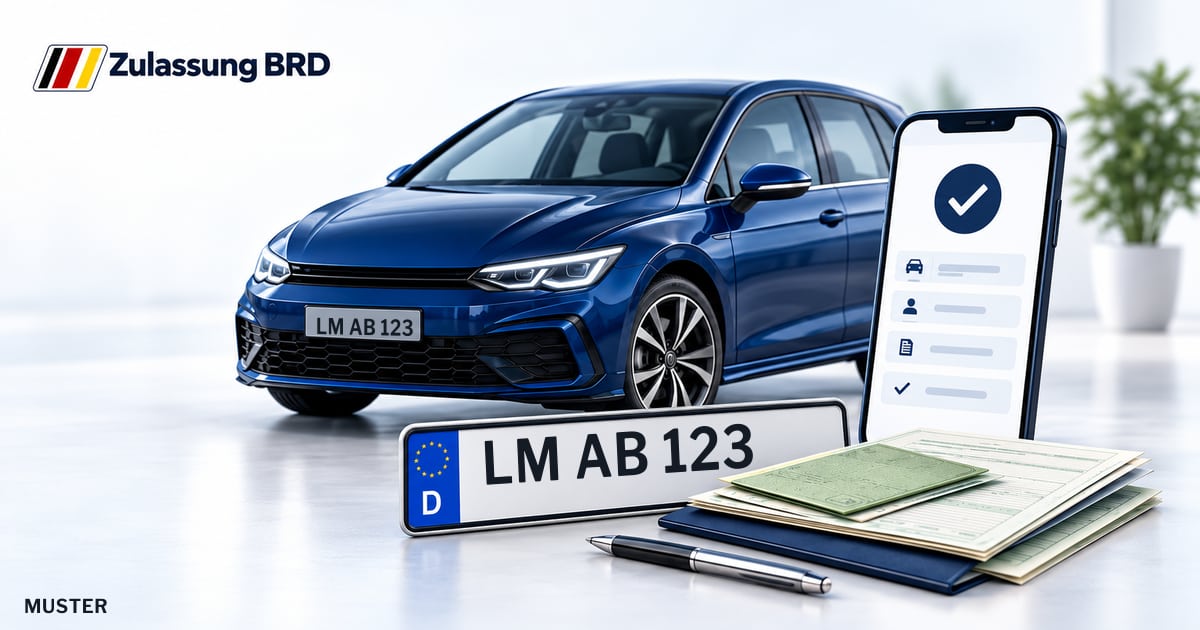 Online Fahrzeugzulassung in Landkreis Limburg-Weilburg: Musterkennzeichen LM AB 123, Auto und Fahrzeugpapiere und Smartphone. Illustration mit Logo von Zulassung BRD.